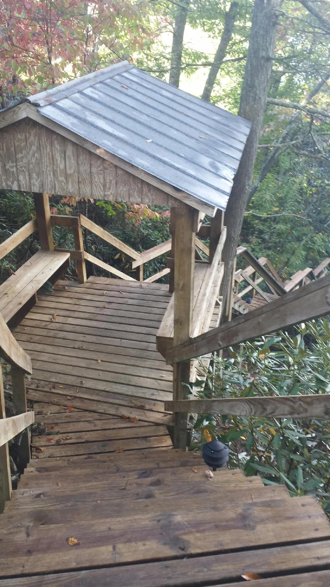 Metal roofed shelter over wooden steps on a wooded walkway — Skylight Repair & Installation work by our crew in Rebuck